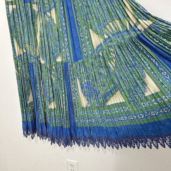 VTG Boho Broomstick Skirt Crinkle Colorful Blue Green Long Maxi Crochet Trim XL - Picture 4 of 10